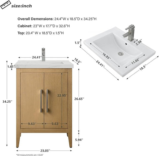HomeBeyond 24 Inch Bathroom Vanity with Sink & Ceramic Top, Single Vanity Cabinet with Basin, Soft-Closing Doors & Matte Black Hardware, Natural Oak