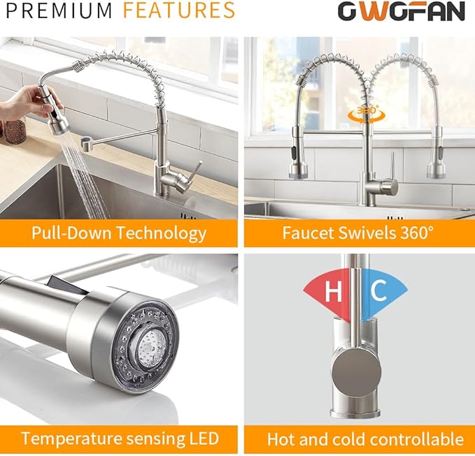 OWOFAN LED Light Kitchen Faucet with Pull Down Sprayer Sus304 Stainless Steel Industrial Single Handle Faucet for Farmhouse Camper Laundry Utility Rv Wet Bar Sinks Brushed Nickel 9005SN
