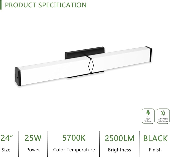 24 Inch Bathroom Vanity Light 2500LM, 5700K Daylight White Modern Bathroom Light Dimmable, AC 120V 25W Matte Black LED Vanity Lighting Fixtures Wall Sconce ETL Certified, 2Pack