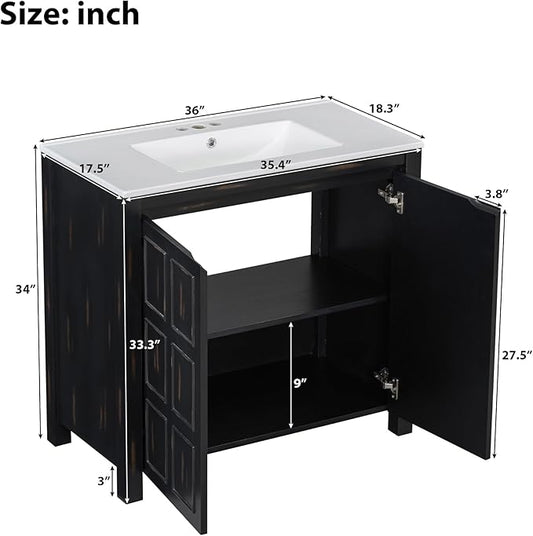 36" Bathroom Vanity,Farmhouse Vanity with Ceramic Sink, Set Bathroom Storage Cabinet, Espresso