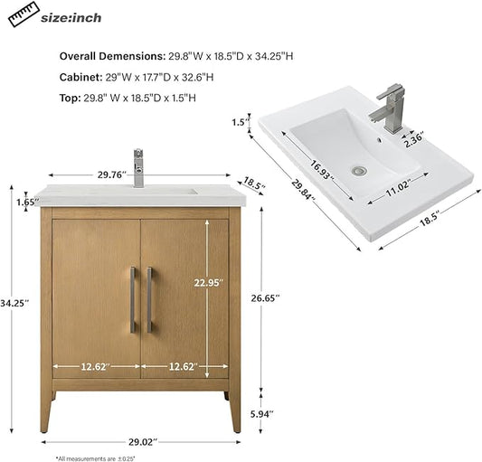 HomeBeyond 30 Inch Bathroom Vanity with Sink & Ceramic Top, Single Vanity Cabinet with Basin, Soft-Closing Doors & Matte Black Hardware, Natural Oak
