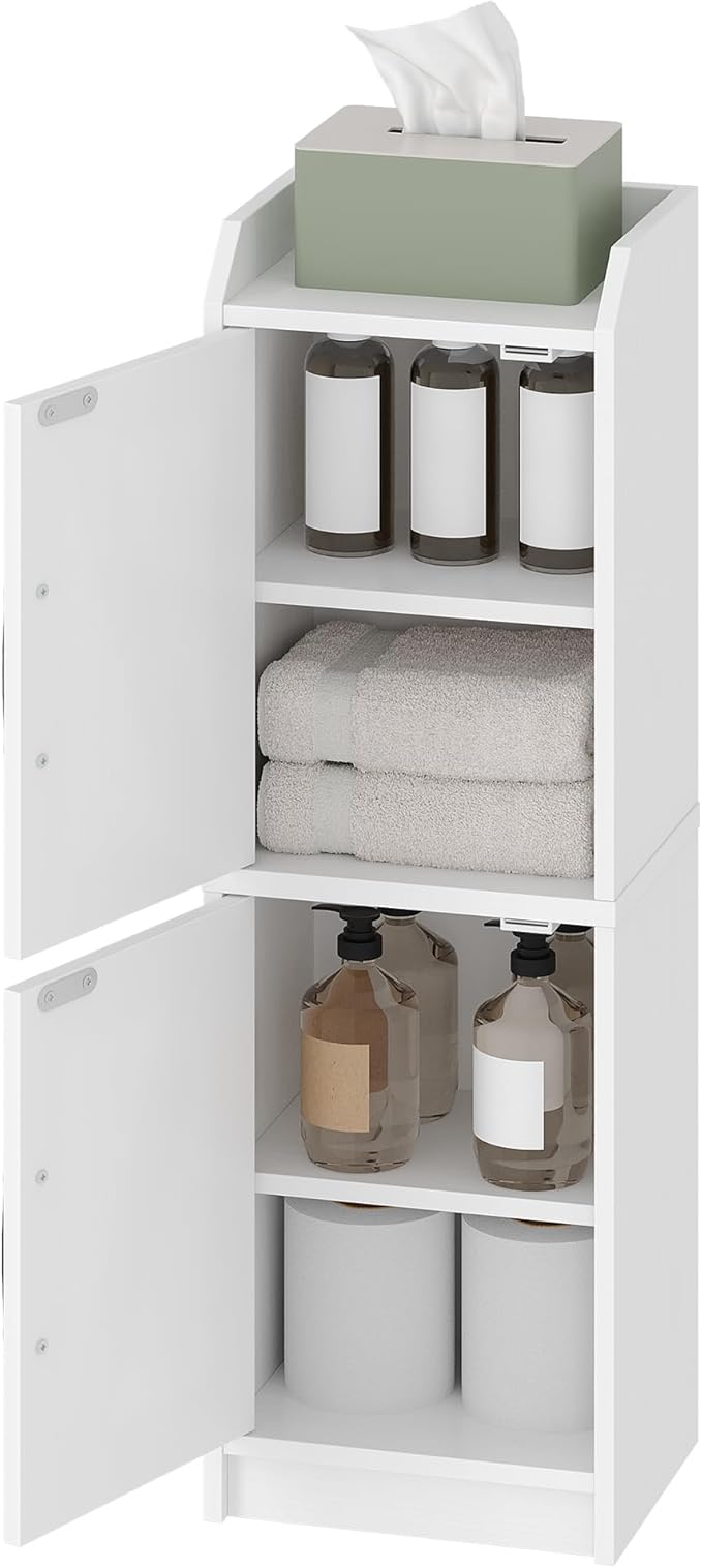 Bathroom Storage Cabinet, Small Corner Floor Cabinet with Door and Shelves, Narrow Bathroom Organizer and Paper Storage with Adjustable Shelves, for Small Spaces, White BC27113X