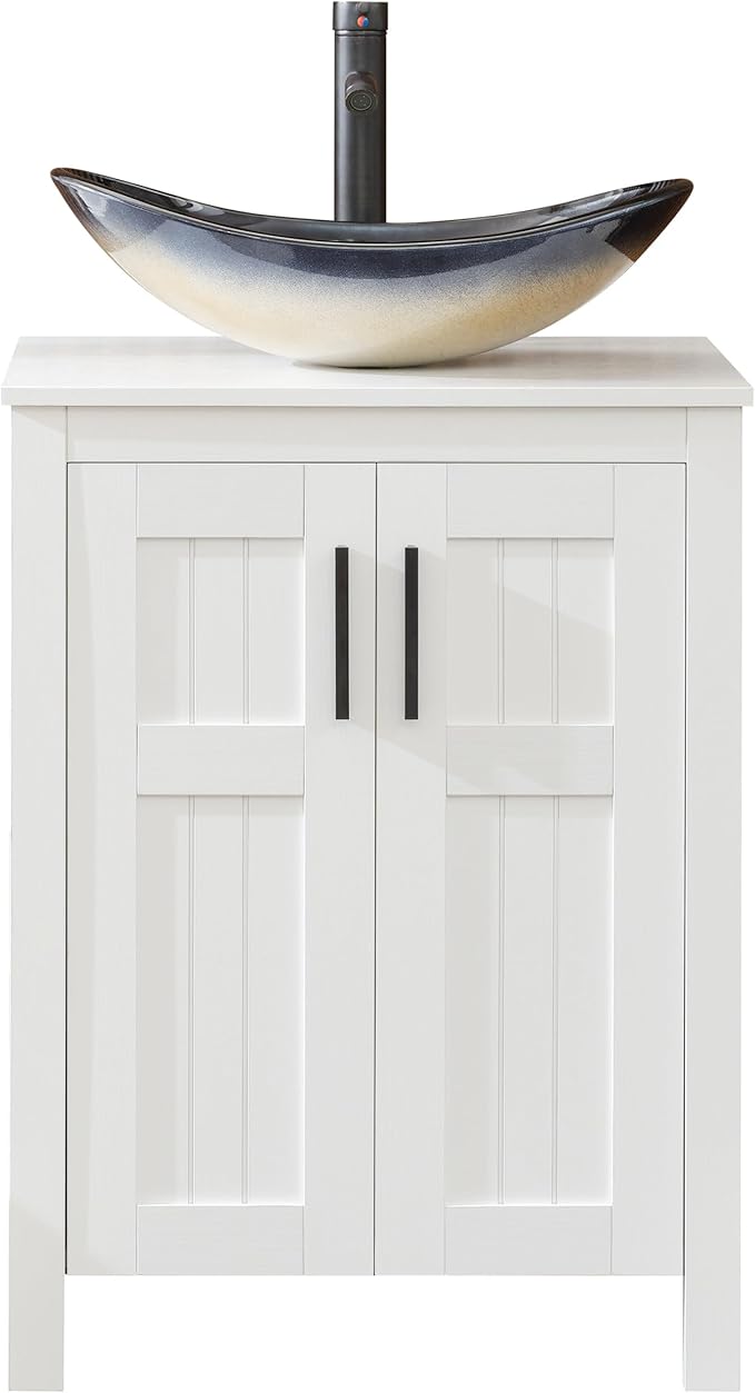 UEV White 24" Bathroom Vanity with Sink,Modern Freestanding Sink Cabinet,Stylish Bathroom Vanity Cabinet,Grooved Double Doors,Metal Handles,Modern Champagne Boat Tempered Glass Vessel Sink(029CH)