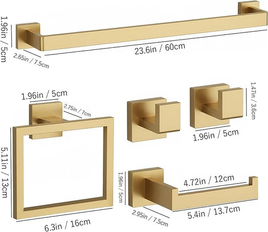 15-Piece Brushed Gold Bathroom Accessories Set – 23.6" Towel Bar, Towel Ring, Toilet Paper Holder & Hooks, Wall Mounted Bathroom Hardware, Rust & Corrosion-Resistant, Ideal for Modern Bathrooms