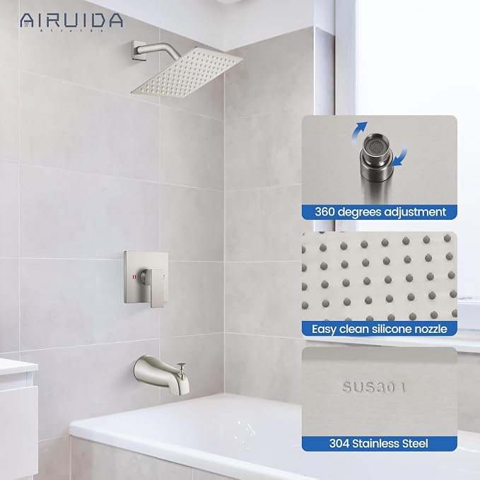 Airuida 8 Inch Shower Faucet Set,Bathtub Faucet Kit,Brushed Nickel | Shower Tub Faucet Set,Male Threads Rough-In Valve,Square Head Shower System