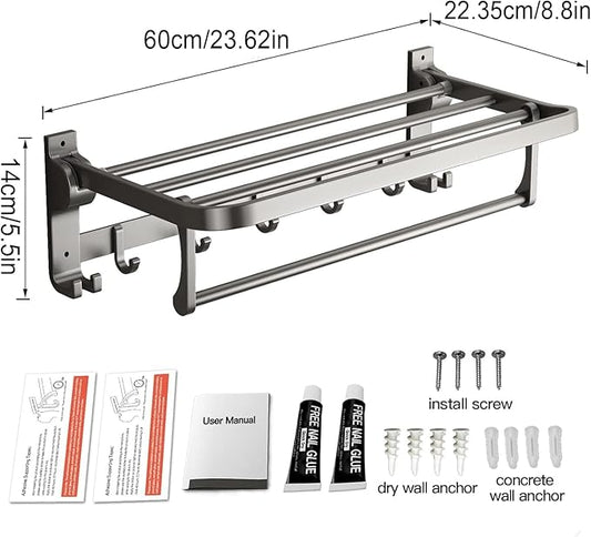 Bathroom Towel Rack with Towel Bar and Hooks 23.6 in Foldable Towel Shelf Wall Mounted Lavatory Towel Organizer Modern Gray Finish