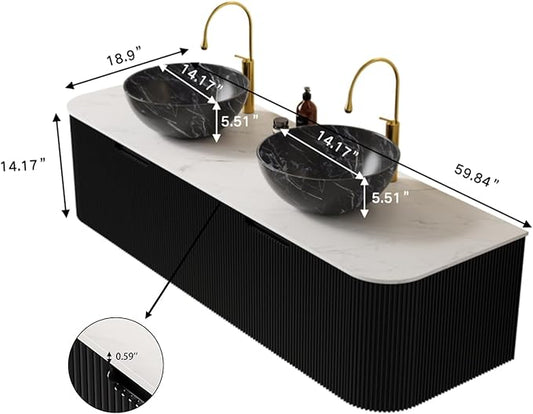 Yayzy 60" Floating Bathroom Vanity with Sink, Solid Wood Fluted Cabinet, White Marble-Patterned Ceramic Basin & Faux Marble Top, Soft-Close Drawer, Pre-Assembled, Gloss Black