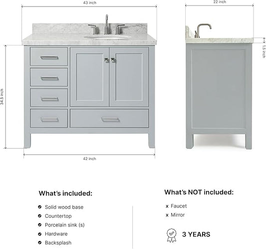 ARIEL Cambridge 42-inch Bathroom Vanity with Sink,Solid Wood, 1.5-inch Italian Carrara Marble Countertop & Backsplash, Single Oval Porcelain Sink, 2 Soft Closing Doors, 5 Dovetail Drawers, Grey