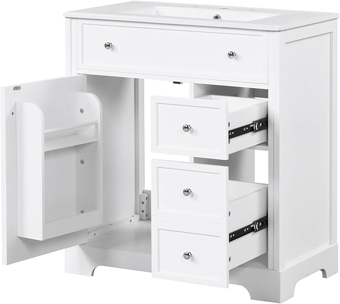 LUMISOL 30" Bathroom Vanity with Sink Combo, Solid Wood Bathroom Vanity with 2 Drawers and Storage Racks on Door, Freestanding Bathroom Storage Cabinet with Ceramic Basin Sink, White