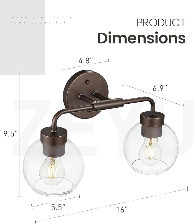 zeyu 2-Light Bathroom Vanity Lights Over Mirror, Farmhouse Globe Bathroom Light Fixtures with Clear Glass Shade, Oil Rubbed Bronze Finish, ZS62BG-2W ORB