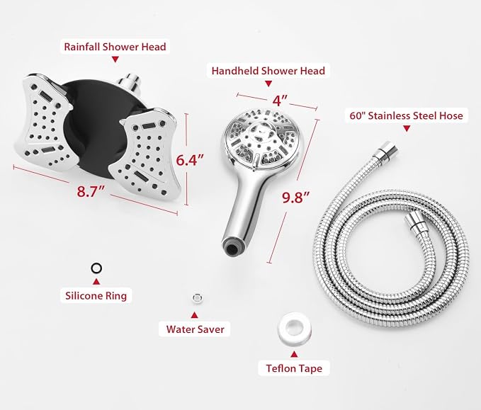 GRICH Shower Head with Handheld Spray - Dual High Pressure Showerhead | Rainfall Shower Heads Combo, Detachable Hand Shower, 9 Spray Settings, 60" Stainless Steel Shower Hose, 2.5GPM, Chrome