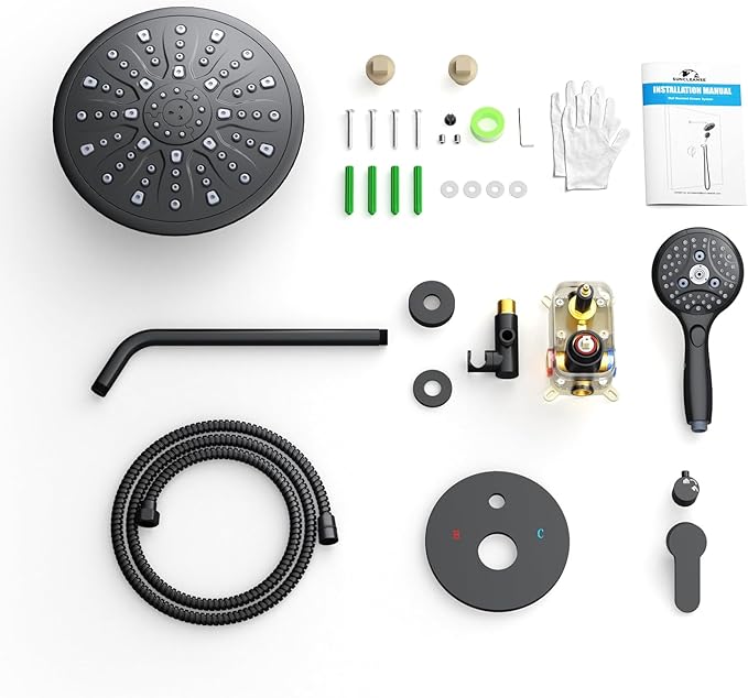 Suncleanse Black Shower Faucet Sets - 8.5" Rain Shower Head Combo with 7-Setting handheld Spray Complete Shower System - Rainfall Shower Fixtures with Rough-in Valve and Trim Kit for Luxury Bathroom