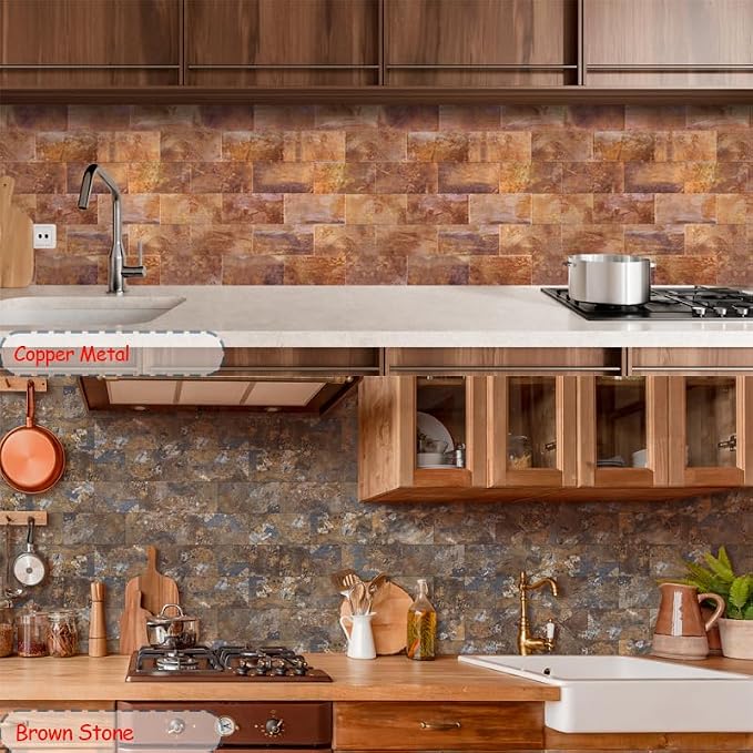 Yipscazo Peel and Stick backsplash 3 x 6 Inches 3D PVC Composite Wall Tile Stick on Backsplash Tile for Kitchen Bathroom, Laundry Room, Fireplace(Rust-Slate, 100 Pieces)