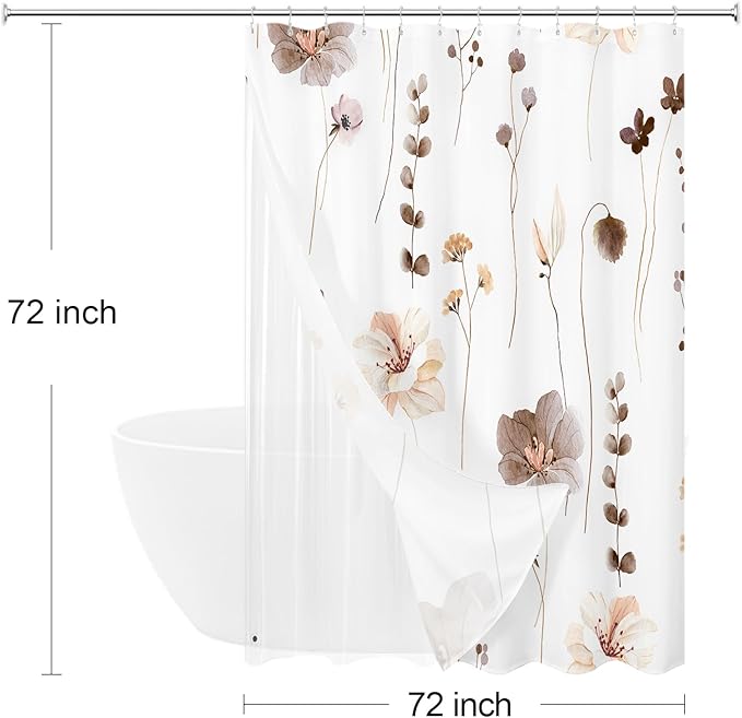 3 in 1 Brown Watercolor Floral Shower Curtain Liner Set, 72x72 | 3 in 1 Shower Curtain Set, PEVA Liner& 12 Double Sided Steel Hooks, Waterproof Fabric Bathroom Curtain