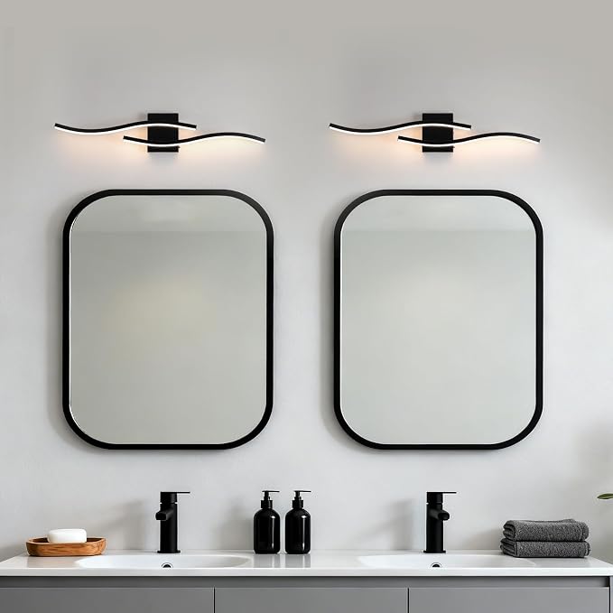 Black Curved Bathroom Vanity Light Fixture Over Mirror, 31.5 inch Modern LED Wall Lamp 5CCT Dimmable Bathroom Light Fixture Modern Vanity Lighting Wall Sconces