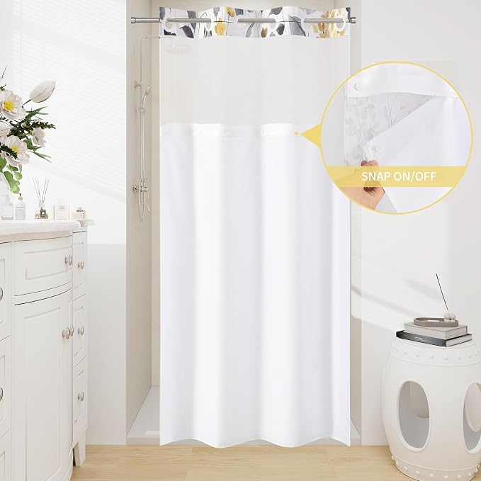 No Hook Yellow Watercolor Floral Shower Curtain and Liner Set, 36x74 | Spring Flower Shower Curtains with Snap-in Liner for Farmhouse Bathroom Decor, Botanical Bathroom Curtain with Leaves