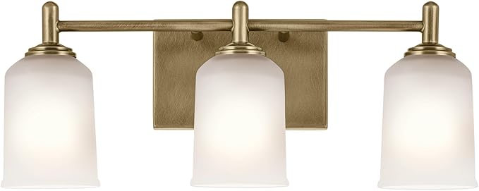 KICHLER Shailene 21" 3-Light Vanity Light with Clear Satin Etched Glass in Natural Brass for Over a Vanity, Updated Traditional Style, (21" x 8.25"), 45574NBR