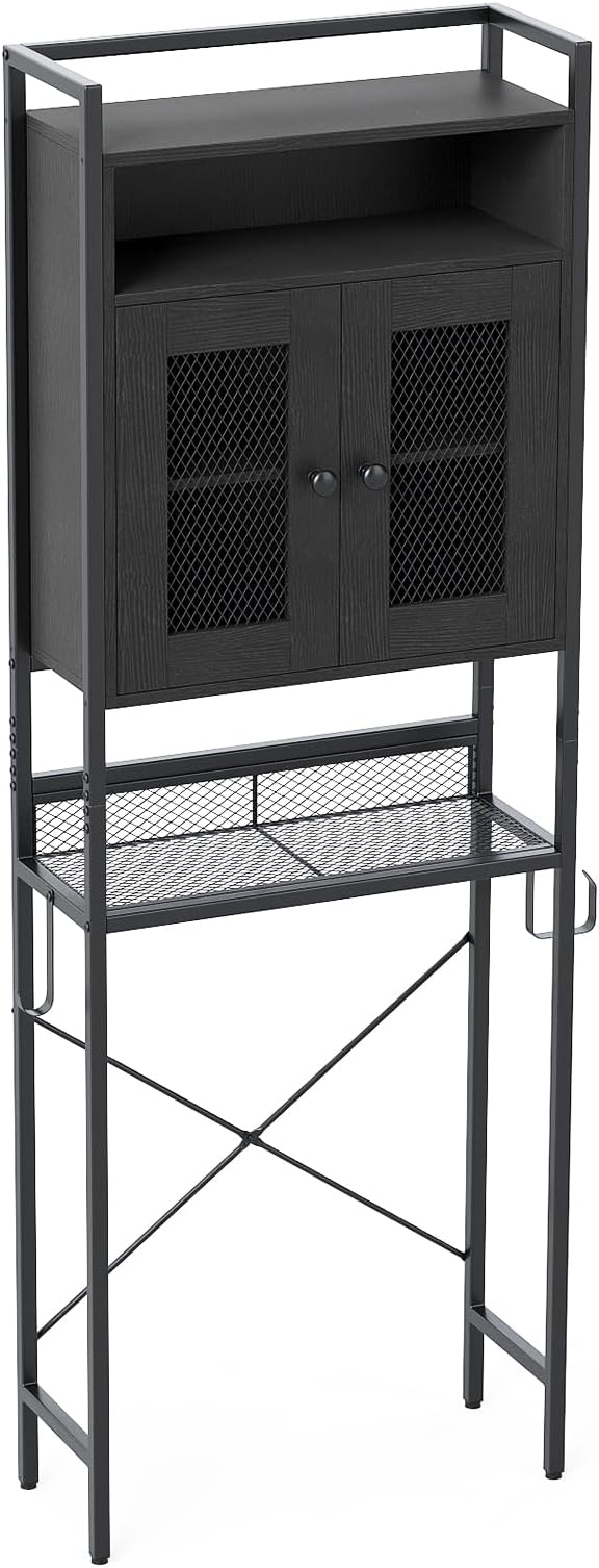BECOMFORT 5-Tier Over the Toilet Storage Cabinet, Above Toilet Bathroom Shelf with Metal Stand, Mesh Grid Doors, Toilet Paper Holder & Hook, Freestanding Space Saver (Black)