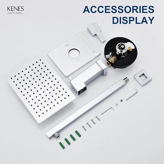 KENES Chrome Shower Set with Tub Faucet, Square Tub Shower Faucet Set | Shower Faucet with 10-Inch Rain Shower Head, Square Shower System, Valve Included, Lead-Free cUPC & NSF Certified, Stainless