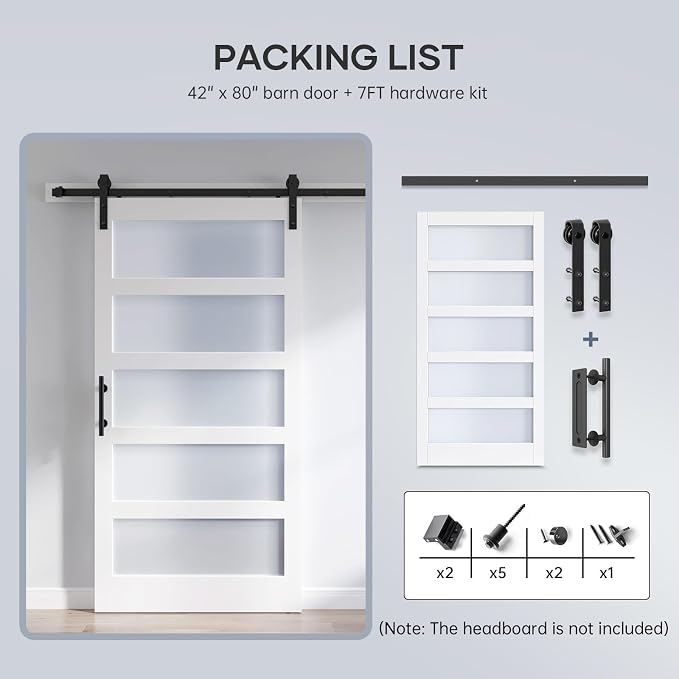 42x80 Inch Glass Sliding Barn Door Slab and 7ft Hardware Kit Included, 5 Frosted Glass, LVL Wood Panel Covered with White Water-Proof Scratch-Proof PVC Surface, Simple DIY Assembly