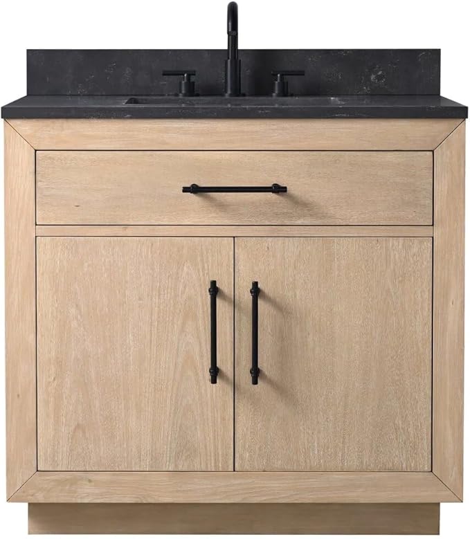 Vanity Art 36 inch Bathroom Vanity with Sink, Vanity Cabinet with Doors and Removable Shelf, Modern Wood Cabinet with White Marble Top, Solid Wood Frame, Ceramic Sink VA70-36-LW-B