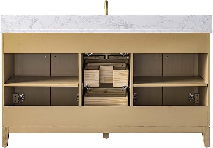 Vanity Art 60" Bathroom Vanity with Single Sink & Arabescato White Engineered Stone Top, Vanity Cabinet with Soft Closing Door, Solid Wood Frame, Golden Brushed Handles, Natural Oak VA8160S-NO-GB