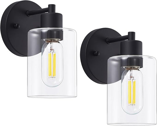 Wall Sconces for Bathroom, Modern Vanity Light Fixtures, Black Wall Mount Lighting Lanterns, Farmhouse Wall Lights with Clear Glass Shade for Bedroom Living Room Mirror Hallway Kitchen(2PACK)