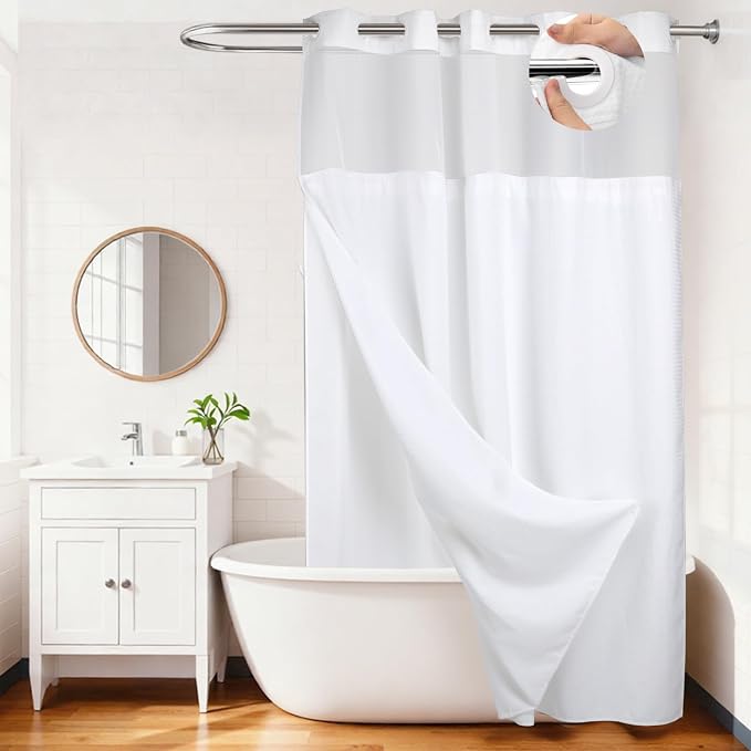 RiverDream Heavyweight Waffle No Hook Shower Curtain with Liner,White,71x98 | Dotted Waffle,Snap-in Liner,Heavy Duty,Quick Dry,Mesh Top Window,With Bottom Magnets,Hotel-Grade,Washable,Ultra Tall Size