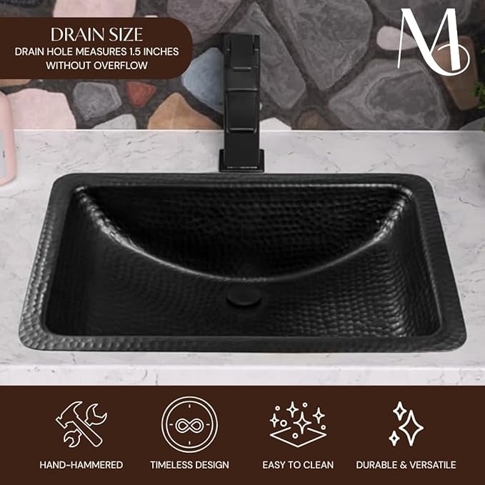 Monarch Abode Bathroom Sink – 21-Inch Venitian Dual Mount Undermount or Drop In Bathroom Sinks, Bathrooms Hand Hammered Matte Black Aluminum Vanity Sink for Countertop, Powder Room, Bath, or Restroom