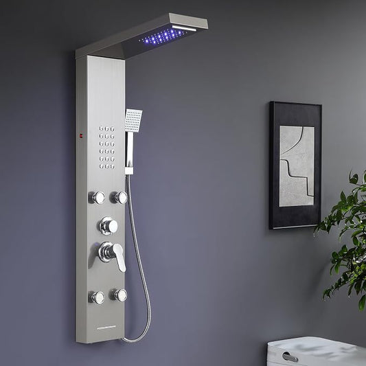 POPFLY 5-In-1 LED Stainless Steel Shower Panel Tower System | LED Rainfall & Waterfall Shower Head, Body Massage Jets, Handheld Spray, Tub Spout, Wall Mounted Shower Tower, Brushed