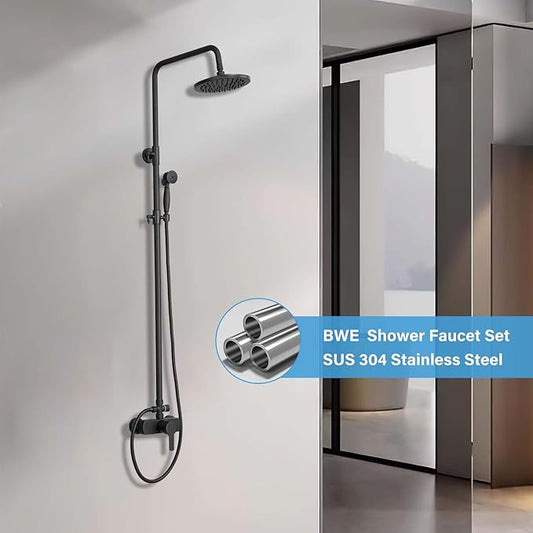 BWE Black Exposed Shower System, Rain Head & Handheld Spray, Brass | Rainfall Shower Head, Handheld Sprayer, Dual-Function Diverter, Solid Brass, Outdoor & Indoor Use, Wall Mount, DIY Install