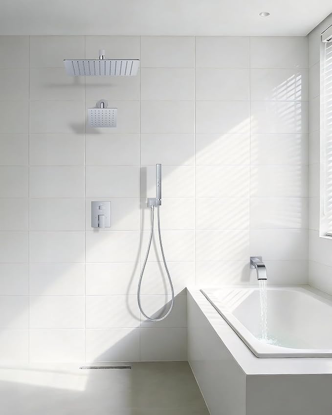 Rain Shower System with Rough-in Valve, Wall Mount Shower Faucet Set with 12" & 6" Dual Rain Shower Heads, 2-in-1 Handheld Shower, Tub Spout, 4-Function Complete Shower Fixture, Chrome