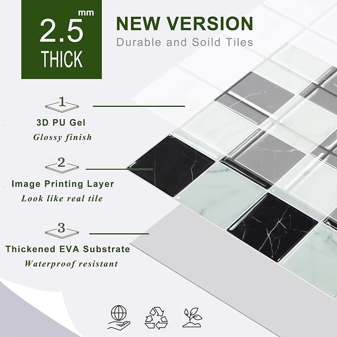 STICKGOO 10 Sheets Peel and Stick Backsplash - 9" x 9" 3D Adhesive Peel and Stick Tile Backsplash for Kitchen&Bathroom