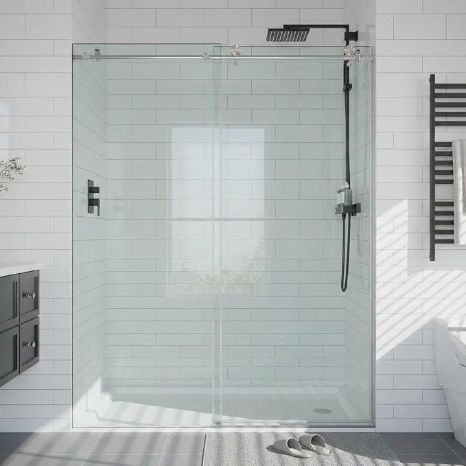 Frameless Sliding Shower Door, Adjustable 56"-60" W x 76" H with 1/4" SGCC Tempered Clear Glass & Easy-to-Clean Coating, Silver Stainless Steel Round Rail, One Fixed One Sliding