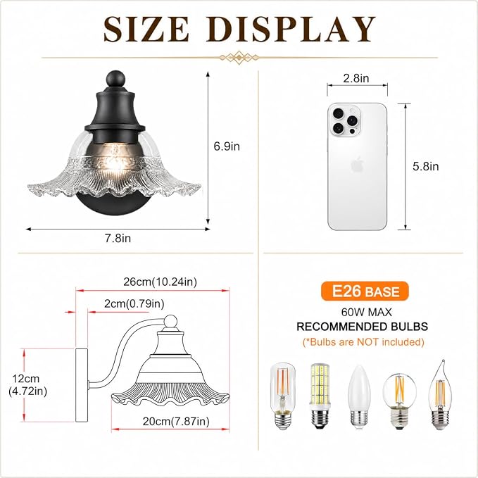 Matte Black Bathroom Wall Sconce Vintage Style, E26 Easy Mounted | Vanity Light with Flower Glass Shade, Bathroom Wall Lighting Fixture Beside Mirror, Easy Mounted for Bedroom, Hallway