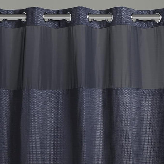 Hookless It’s A Snap! Waffle Shower Curtain, 3-in-1 Shower Curtain Includes Fabric Shower Curtain with Sheer Top Window, Flex-On Rings & Fabric Liner, 71” x 74”, Navy