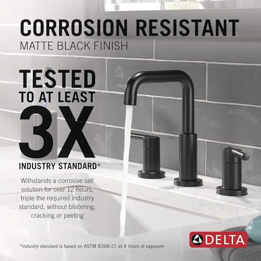 Delta Nicoli Matte Black Bathroom Faucet 3 Hole, 8 Inch Widespread Bathroom Sink Faucet for Vanity, Push-Pop Drain Assembly, Matte Black 35849LF-BL