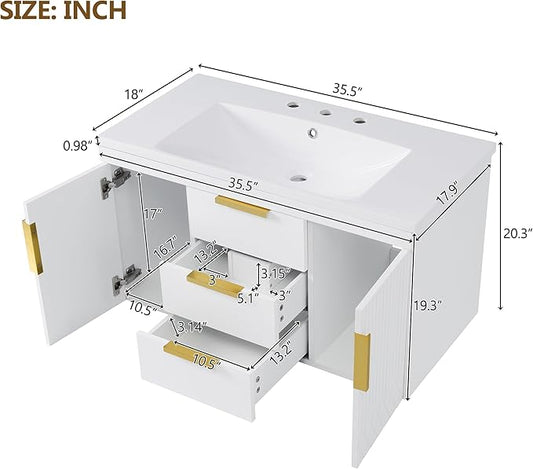 36 Inch Bathroom Vanity with Sink, Wall Mounted Bathroom Storage Cabinet with 2 Doors and 2 Drawers, Floating Bathroom Vanities with Decor Line