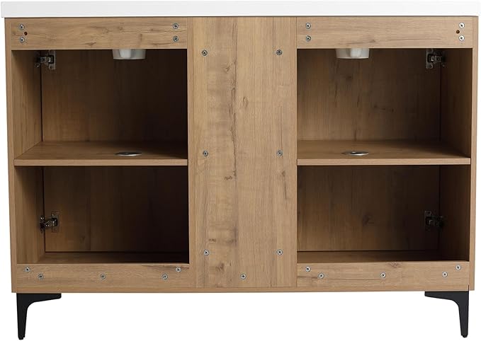 SSLine 48-Inch Bathroom Vanity with Double Sink Classic Floor Stand Bathroom Vanity with White Top Basin Double Sink Wood Bathroom Cabinet with Soft-Close Doors & Open Cubes (Imitative Oak)