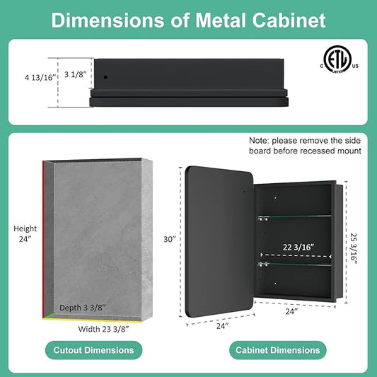 24x30 Inch Medicine Cabinet with Mirror, Recessed or Surface Mount Bathroom Medicine Cabinet with LED Lights, Anti-Fog, Memory Function, Adjustable Shelf, Dimmable Light, ETL Listed, Black,Left Hinge