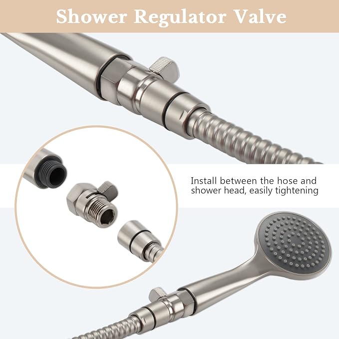 APLusee Shower Head Flow Restrictor for Bathroom Shower, Brushed Nickel | Solid brass, G 1/2 Male and Female Thread, Adjustable Shower Head Shut Off Valve for Control Water Flow