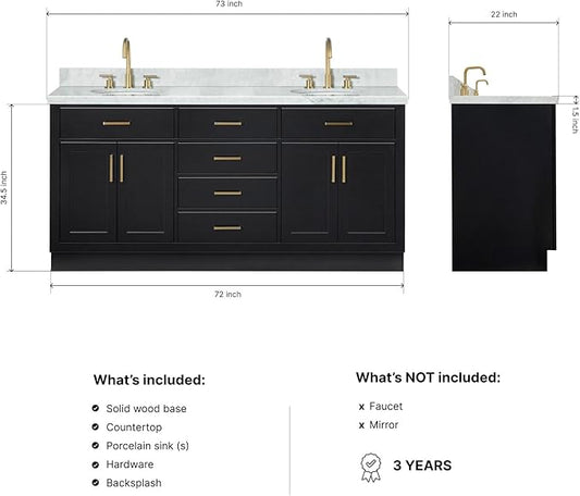 ARIEL Hepburn 72-inch Bathroom Vanity with Sink,Solid Wood, 1.5-inch Italian Carrara Marble Countertop & Backsplash, Double Oval Porcelain Sink, 4 Soft Closing Doors, 6 Dovetail Drawers, Black