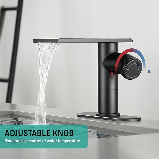 becola Modern Bathroom Sink Faucet,Black Bathroom Faucet,Waterfall Faucet for Bathroom Sink,Single Hole Cold and Hot Vanity Faucet,Single Handle Vessel Sink Faucet with Adjust Knobs and Deck Plate