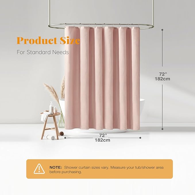 Blush Pink Linen Textured Waterproof Fabric Shower Curtain Set, 72x72 | 230GSM Polyester, Heavy Duty Cloth, Weighted Hem, 12 Plastic Hooks, Modern Hotel Style, Machine Washable, Bathroom Decor