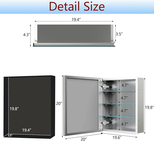 Aluminum Medicine Cabinet with Mirror, 20x20 Inch Mirror Cabinet, Assembly Needed, Recessed/Wall Mount, 3 Adjustable Tempered Glass Shelves, Bathrroom Medicine Cabinet, Reversable Door