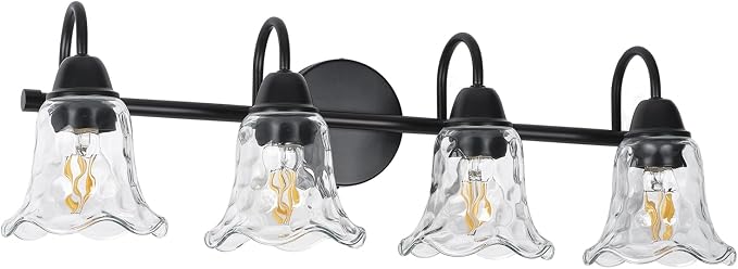 Bathroom Light Fixtures over Mirror, 4 Lights Vintage Wall Sconces with Hammered Glass Shade, 26.8" Matte Black Farmhouse Bathroom Wall Light Fixtures for Bedroom, Porch, Hotel, Mirror Cabinet