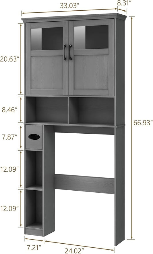 Over The Toilet Storage Cabinet With Double Doors & Paper Holder Stand, Freestanding Shelf Space Saver, Anti-Tip Design & Adjustable Shelf, Natural Grey