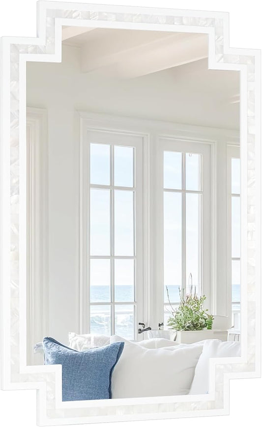 Tanmicoshomy 24 x 36 Inch Rectangle Bathroom Mirrors for Wall, White Shell Framed Decorative Mosaic Mirror for Bedroom, Living Room or Entryway, Wall Mounted Horizontal or Vertical