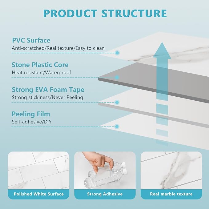 Vamos Tile 100-Piece Peel and Stick Backsplash Seamless Tile,3''x6'' Glossy Statury White Marble with White Grout PVC Subway Tile,Stick on Backsplash for Kitchen/Bathroom/Laundry Room