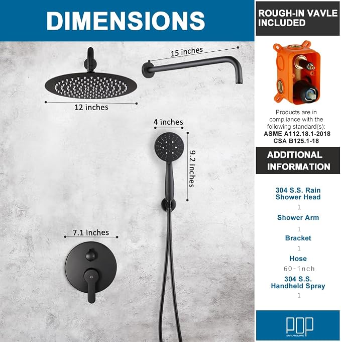 Matte Black Shower Faucet Set, All Metal 12 Inch Round Shower Head and Handle Set, Bathroom Rainfall Shower System, Wall Mounted Shower Fixtures, Include Shower Valve and Trim Kit